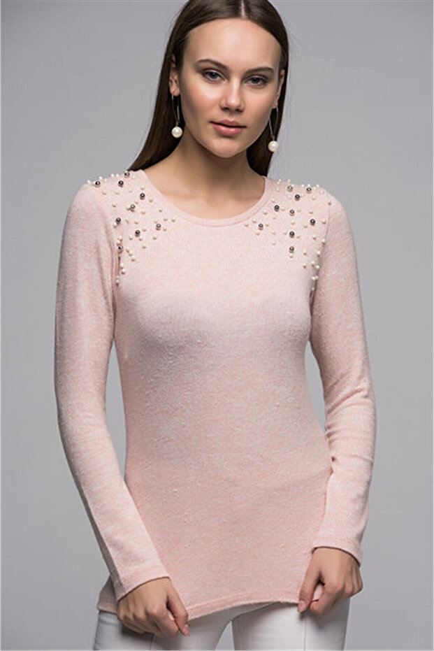 7440938 Yumoş Two Shoulder Pads Long Sleeve Blouse Pudra