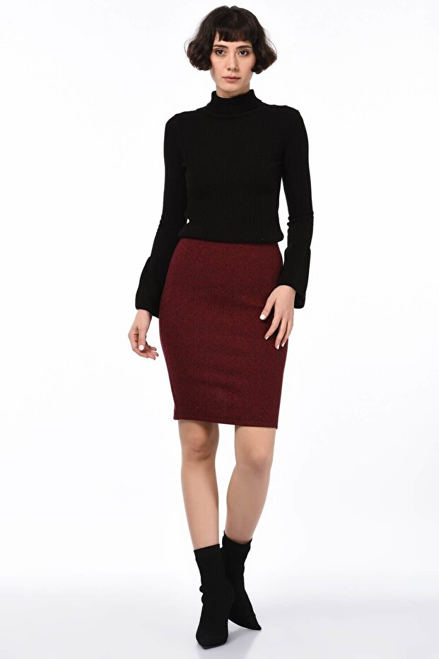 8515174 Herringbone Pattern Elastic Waist Slit Pencil Skirt Bordo