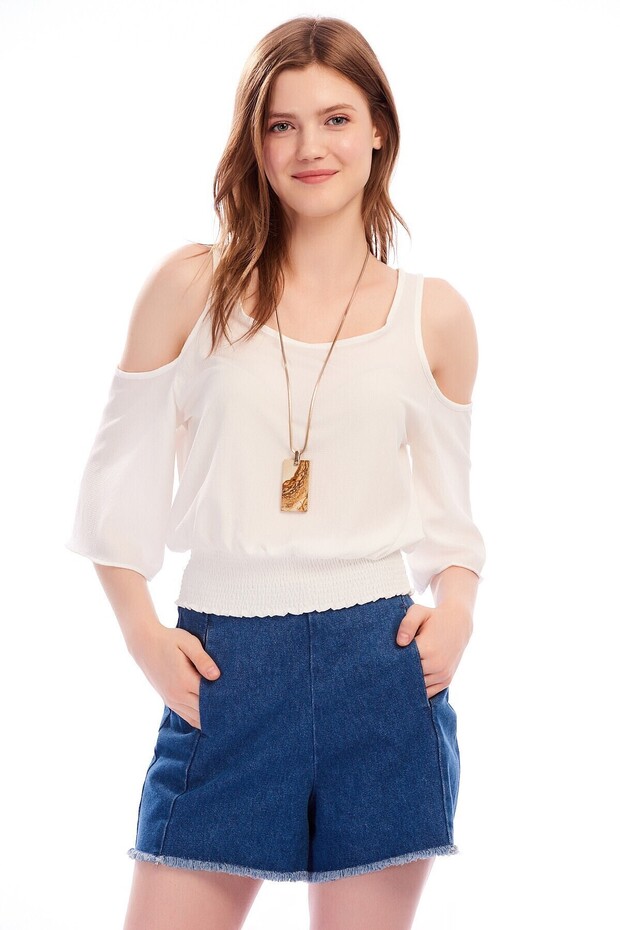 8262260 Kobe Off-Shoulder Elastic Waist Short Sleeve Blouse Ecru