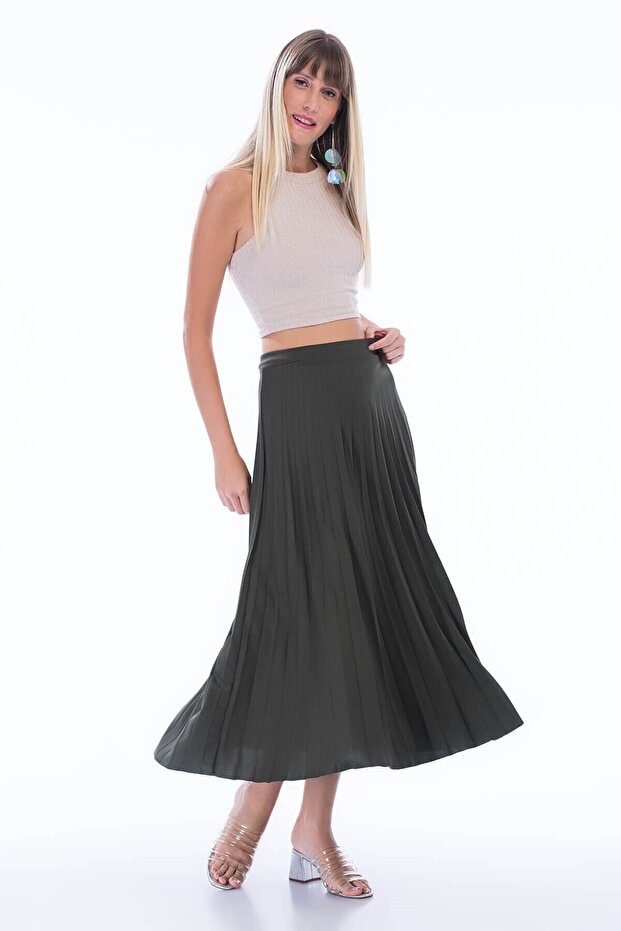 8272693 Mira Pleated Elastic Waist Long Skirt Khaki