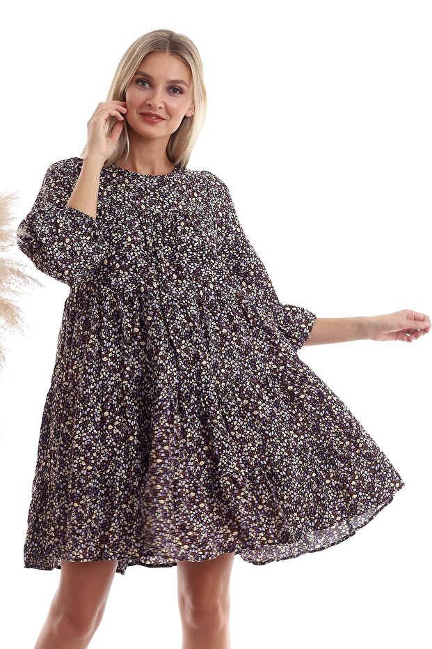 20333362 Dok.Viskon Patterned Long Sleeve Salash Dress Black Lila
