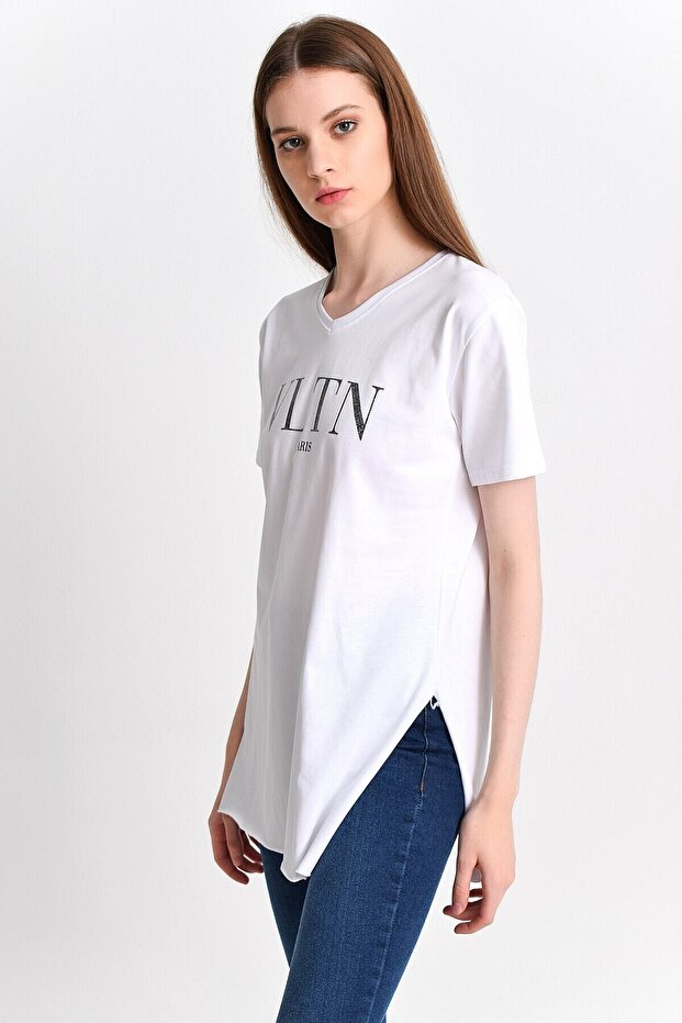 9282825 Single Jersey Vltn Paris Slit Short Sleeve V-Neck Blouse White