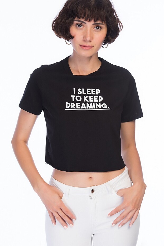 8252676 Single Jersey I Sleep Printed Short Sleeve Short Blouse Black