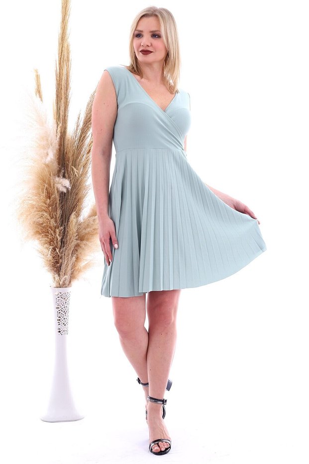 20070781 Knitted Crepe Skirt Pleated Double-Breasted Neckline Sleeveless Dress Cagla Green