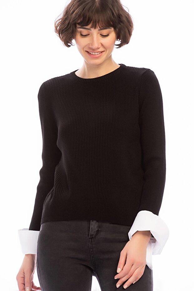 8506003 Slim Ribbed Camisole Long Sleeve Blouse with Cuff Trim Black