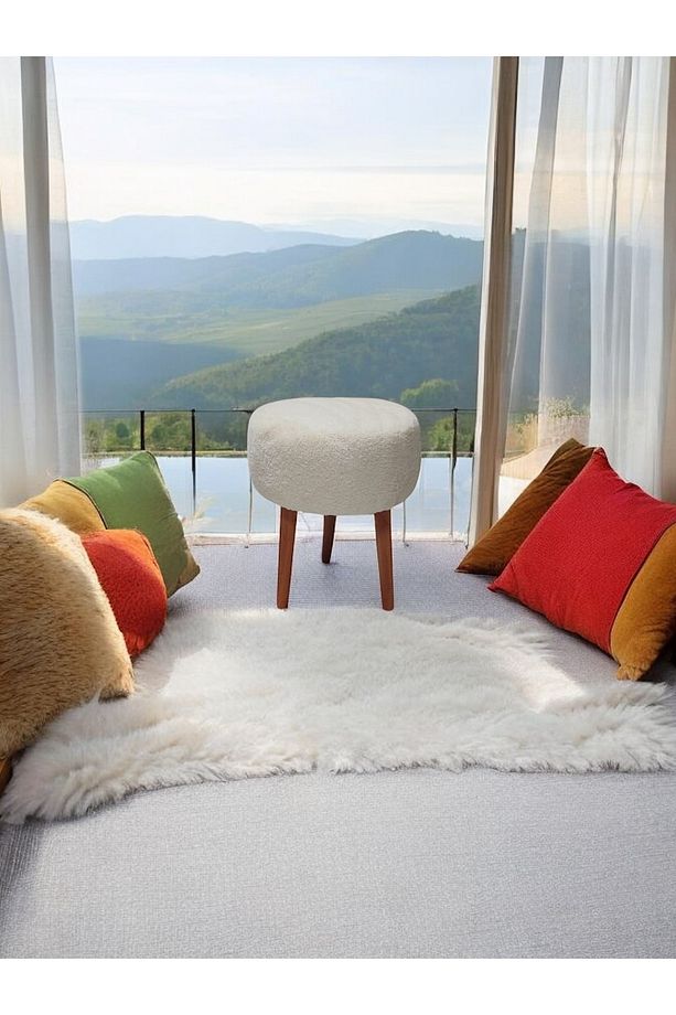 Yuvarlak Puf Bench Ahşap Ayaklı Dekoratif Peluş - 1