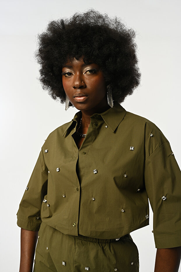 Women's Front Stone Embroidered Truvacar Sleeves Khaki Color Shirt