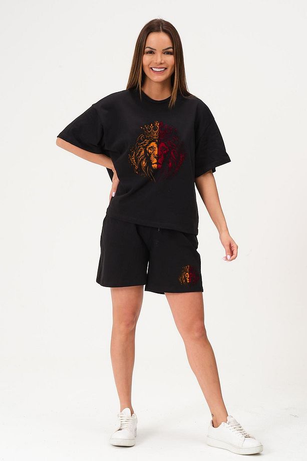Unisex Sarı Kırmızı Aslan Baskılı Siyah Şort Siyah Oversize Tişört Alt Üst Takım Yazlık Şort Tişört - 7