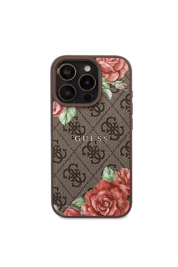 iPhone 16 Pro Kılıf Guess Lisanslı Magsafe Şarj Özellikli Gül Baskılı Yazı Logolu Kapak Kahverengi - 2