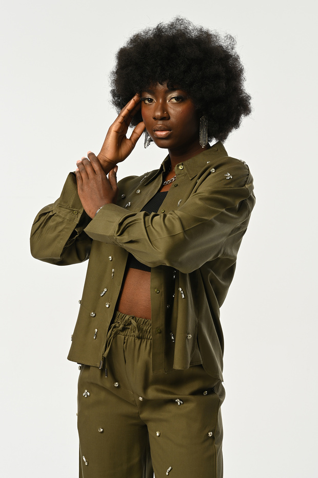Women's Front Stone Embroidered Khaki Color Shirt
