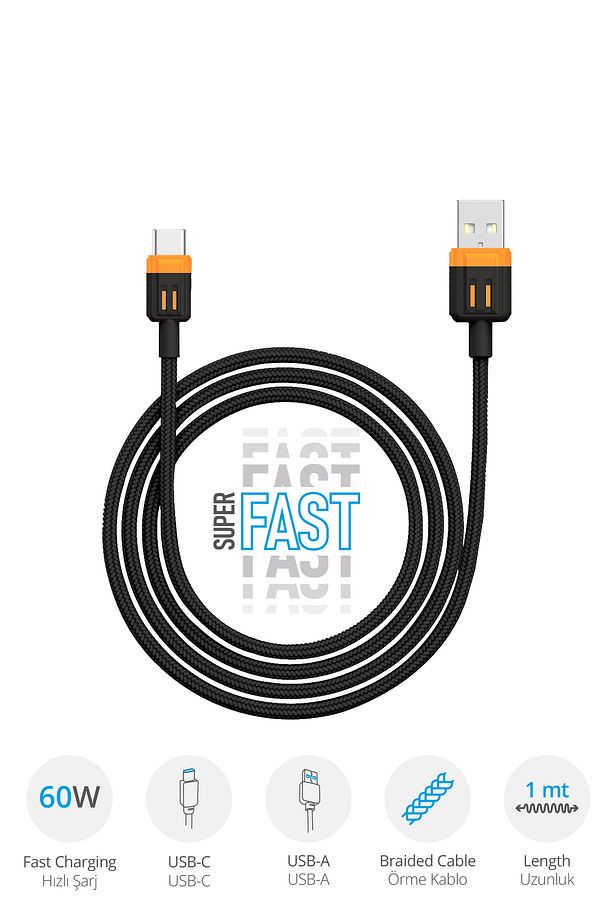 3372 USB‑C - USB‑A Senkronizasyon ve Şarj Kablosu / 60W Hızlı Şarj / 1 Metre Örme Kablo / Type-C - 1