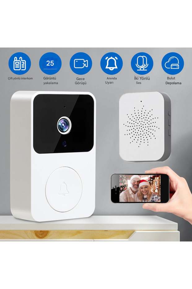 Akıllı Görüntülü Kapı Zili, Ofis Için 2.4GHZ Gece Görüşlü Şarj Edilebilir WiFi Görüntülü İnterkom - 2