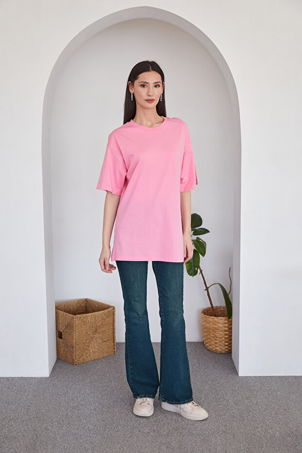 Basic Oversize Bisiklet Yaka Tişört - 2