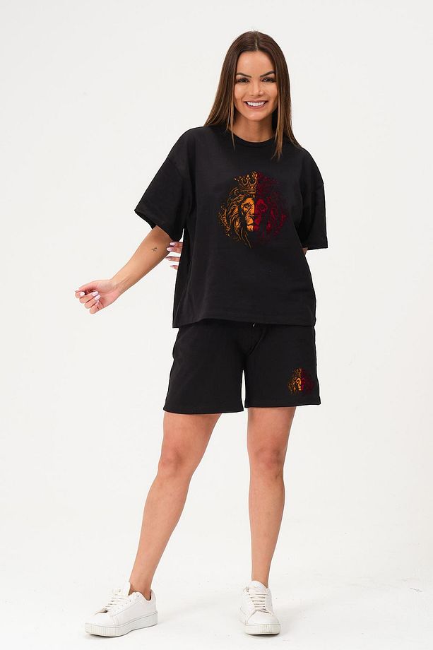 Unisex Sarı Kırmızı Aslan Baskılı Siyah Şort Siyah Oversize Tişört Alt Üst Takım Yazlık Şort Tişört - 8