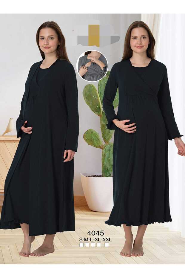 Women's Navy Blue Special Design Cotton Combed Cotton Maternity Nightgown Nightgown Se
