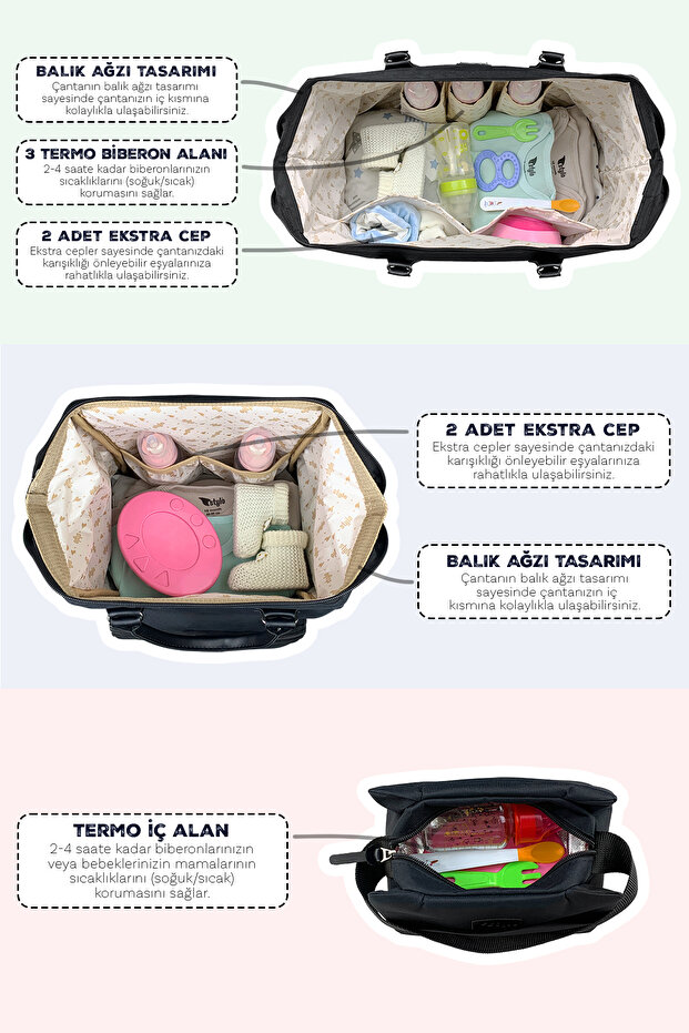 X Pro Kalpli Anne Bebek Sırt Çantası Omuz Çantası Ve Biberonluk Çantası 3'lü Set - 5