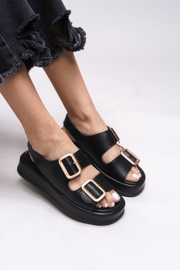 Ghinreda Women's Double Buckle Sandals 0012793 Black Skin