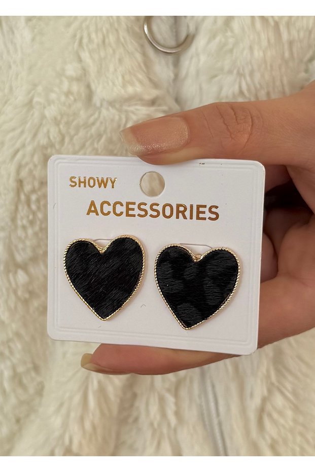 Velvet Black Print Heart Women's Earrings