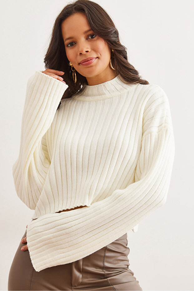 Women's Ecru Thick Corded Crop Thick Knitwear Sweater Kzk- 19000953