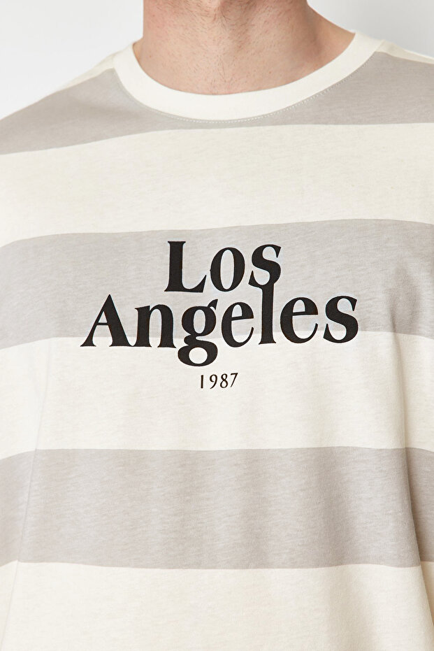 Taş Oversize/Geniş Kesim Çizgili Şehir Baskılı %100 Pamuklu T-Shirt TMNSS24TS00062 - 5