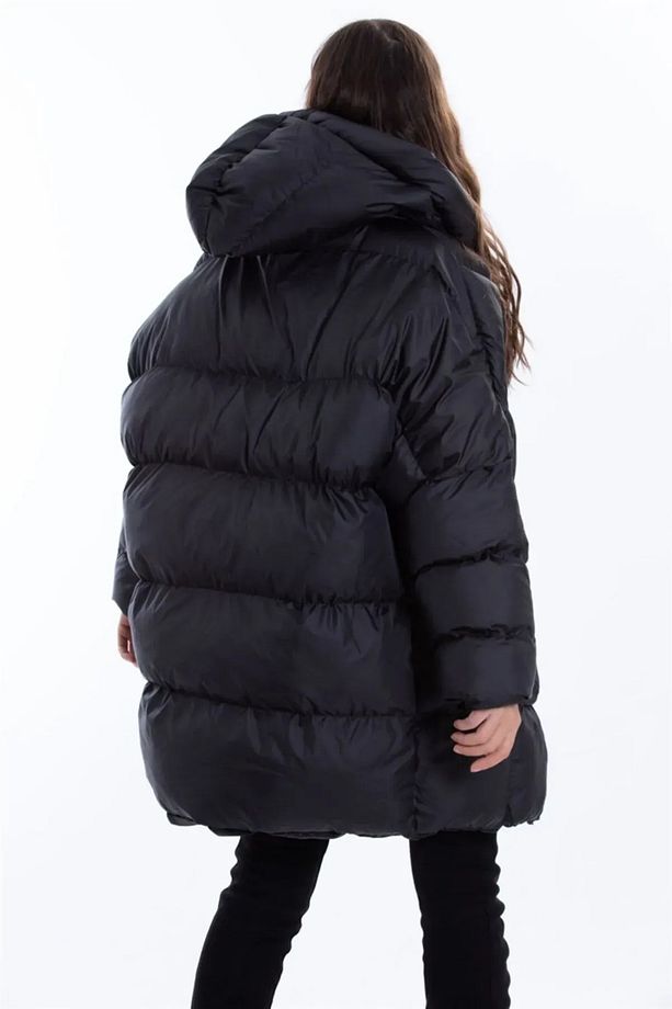 Yarasa Model Kapüşonlu Oversize Şişme Kadın Mont Siyah - 3