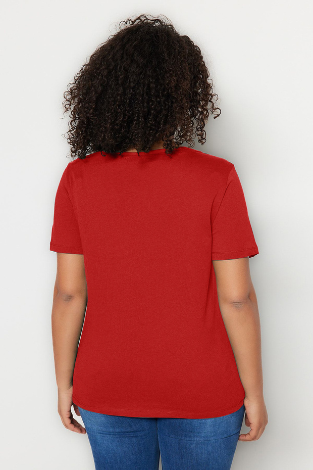 Kırmızı V Yaka Basic %100 Pamuk Örme T-Shirt TBBSS22BF0028 - 5
