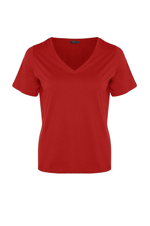Kırmızı V Yaka Basic %100 Pamuk Örme T-Shirt TBBSS22BF0028 - 6