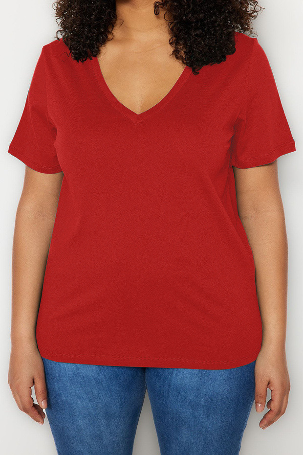 Kırmızı V Yaka Basic %100 Pamuk Örme T-Shirt TBBSS22BF0028 - 2