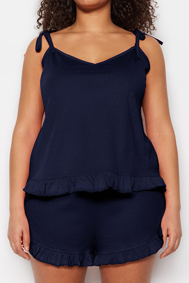 Lacivert Askılı Örme Fırfır Detaylı Şortlu Pijama Takımı TBBSS22PT0564 - 2