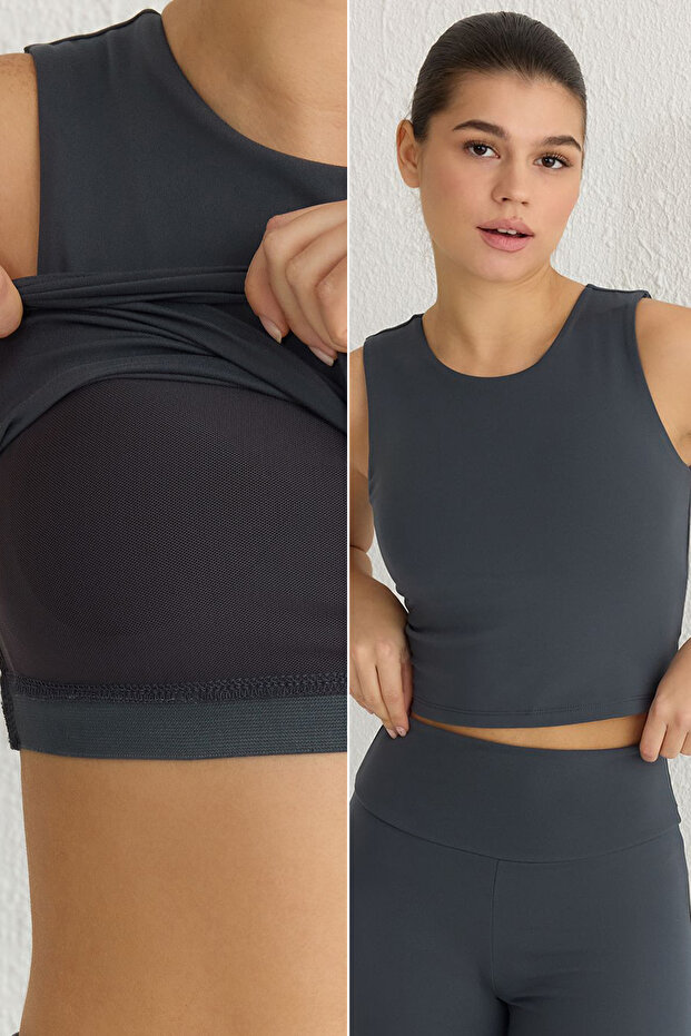 Antrasit Fırçalı Soft Kumaş 2 Katlı İçi Pedli Spor Sütyenli Örme Üst/Bluz THMSS25BZ00001 - 1