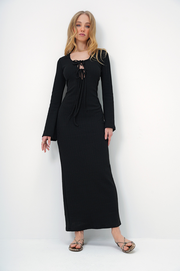 Women's Black Open Neck Lined Summer Knitwear Dress Alc-X13377
