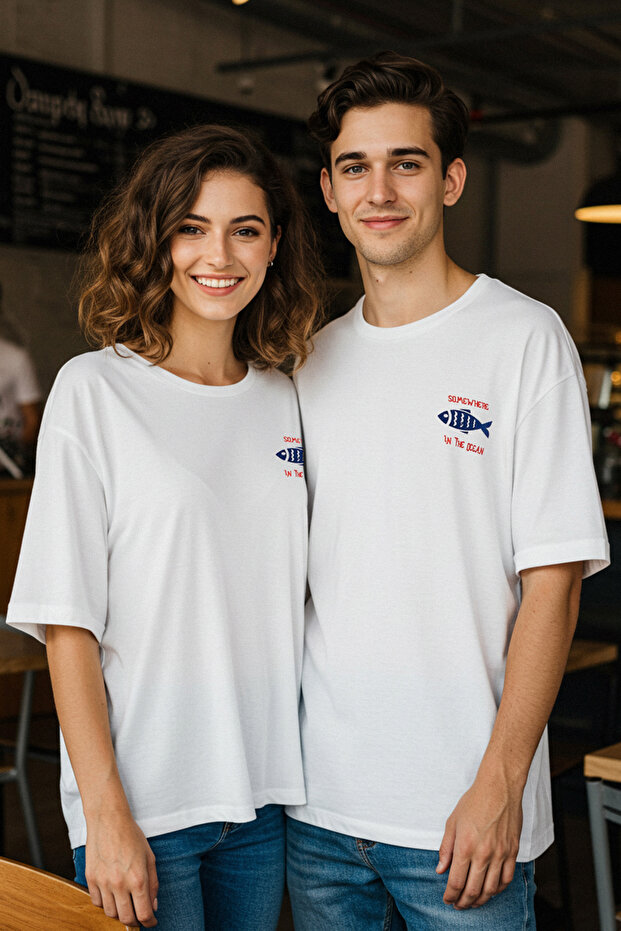 Ekru Oversize/Geniş Kesim %100 T-Shirt TMNSS22TS0318 - 4
