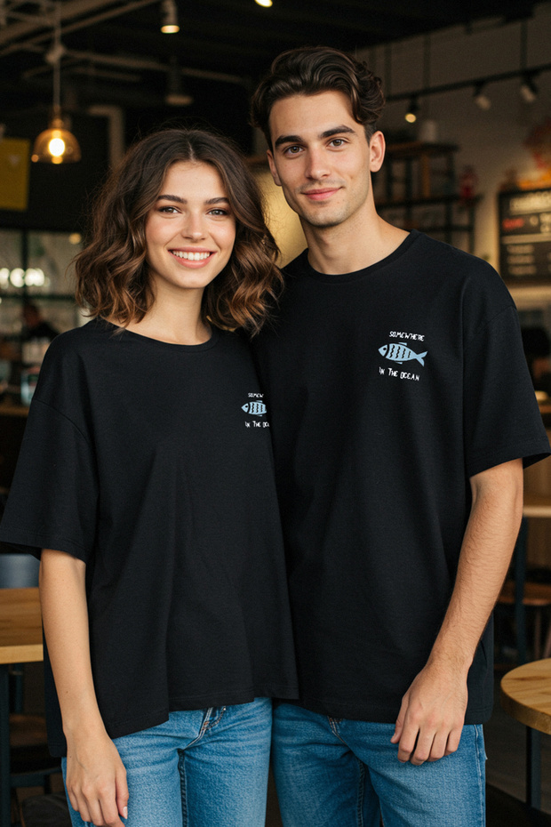 Siyah Oversize/Geniş Kesim %100 Pamuklu Kadife Doku Baskılı T-Shirt TMNSS22TS0318 - 3