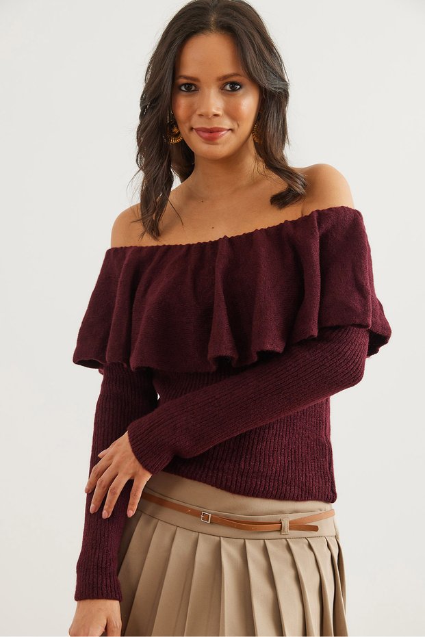 Women's Burgundy Madonna Collar Soft Textured Knitwear Sweater Kzk- 19000957