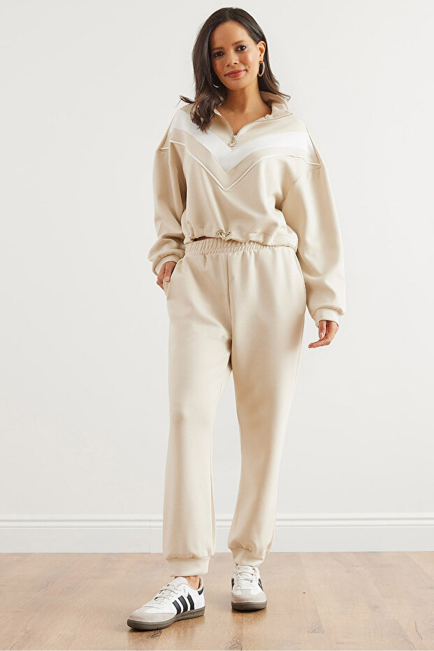 Women's Beige Bottom Top Modal Button Tracksuit Set Etkm- 0000079