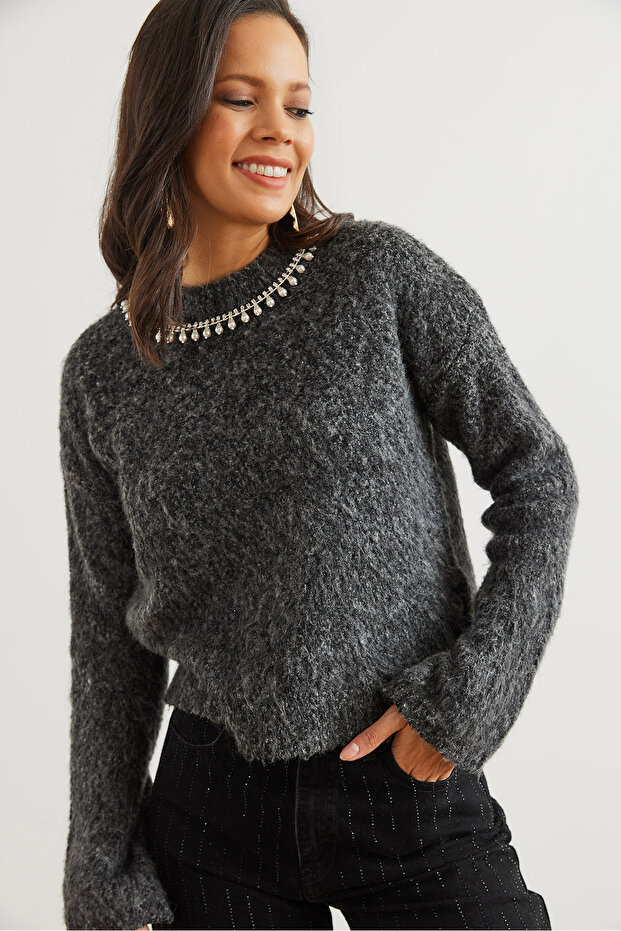 Women's Anthracite Necklace Detailed Soft Textured Raster Pullover Kzk- 19000958