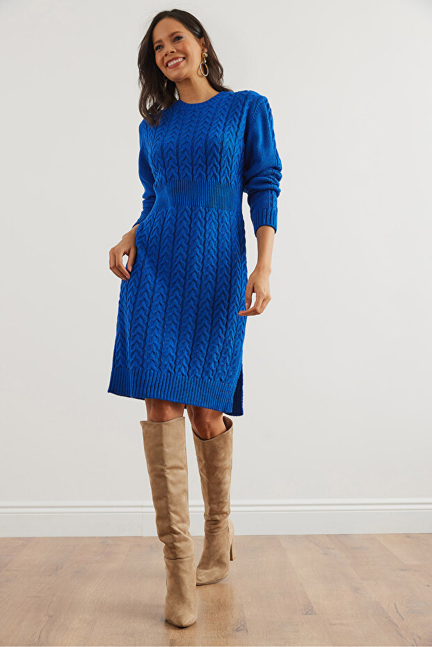 Women's Cobalt Blue Waistband Slit Hair Knit Mini Dress Elb- 19002289