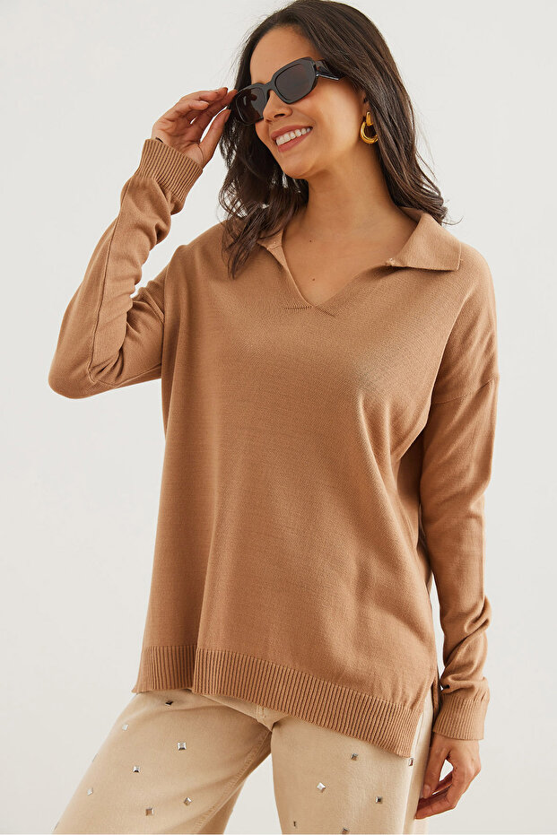 Women's Camel Polo Neck Basic Knitwear Sweater Kzk- 19000871