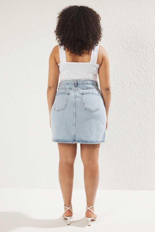 Açık Mavi Yüksek Bel %100 Non-Stretch Pamuk A Shape Denim Etek TBBAW23AZ00042 - 5