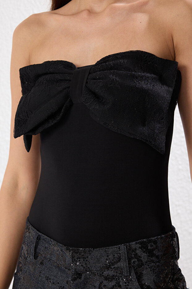 Siyah Straplez Fiyonklu Çıtçıtlı Örme Şık Body TPRSS25BD00013 - 4