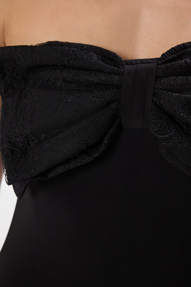 Siyah Straplez Fiyonklu Çıtçıtlı Örme Şık Body TPRSS25BD00013 - 5