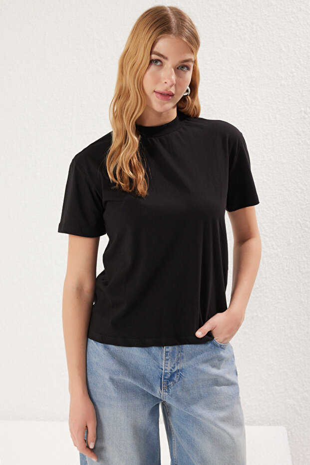 Siyah-Siyah 2'li Paket %100 Pamuk Basic Dik Yaka Örme T-Shirt TWOSS20TS1500 - 3