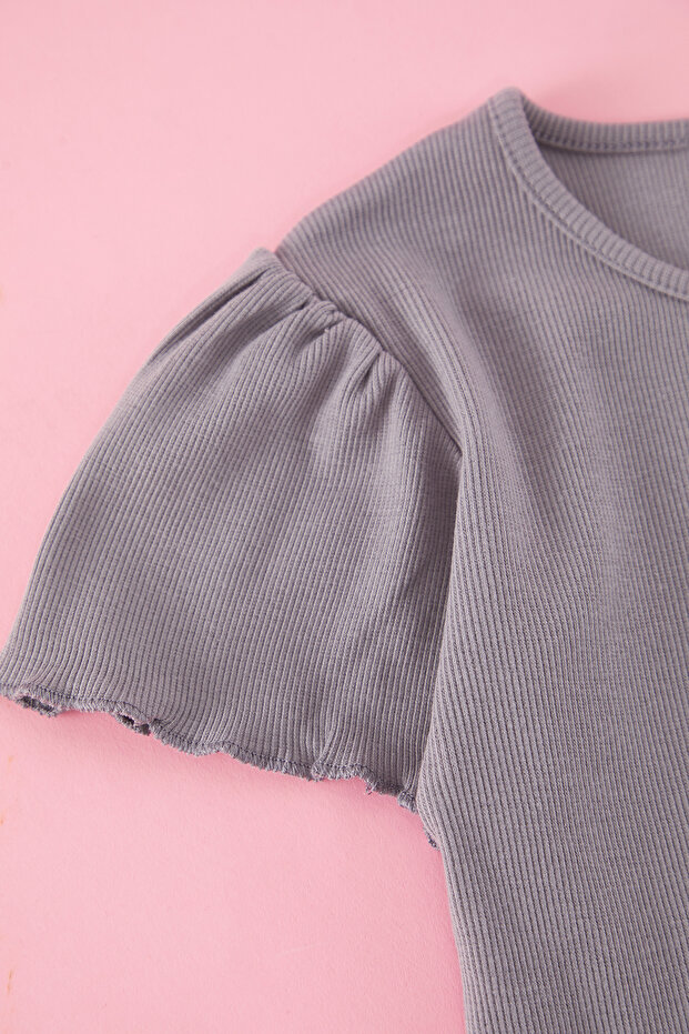 Gri Kız Çocuk Pamuklu Minimal Nakış T-Shirt Şort Örme Alt-Üst Takım TKDSS25AU00019 - 4