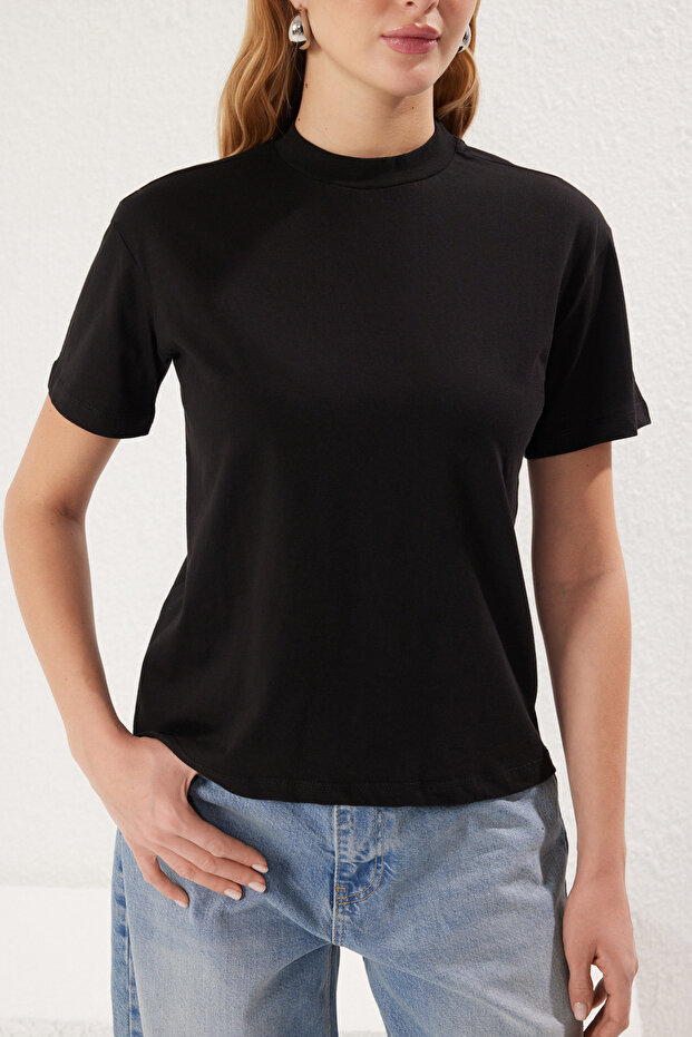 Siyah-Siyah 2'li Paket %100 Pamuk Basic Dik Yaka Örme T-Shirt TWOSS20TS1500 - 4