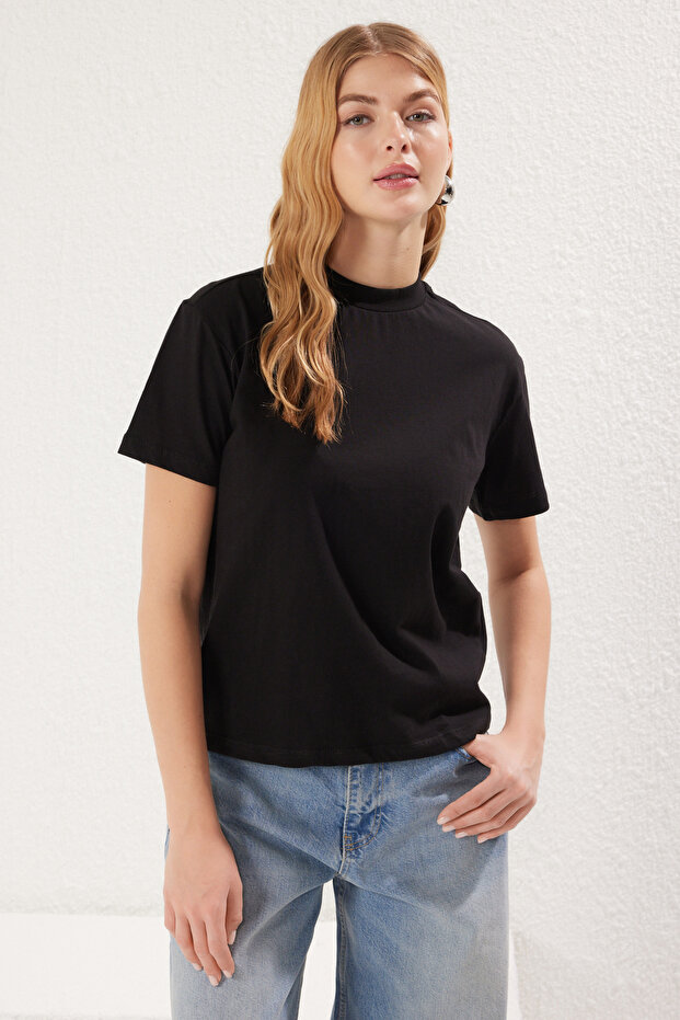 Siyah-Siyah 2'li Paket %100 Pamuk Basic Dik Yaka Örme T-Shirt TWOSS20TS1500 - 2