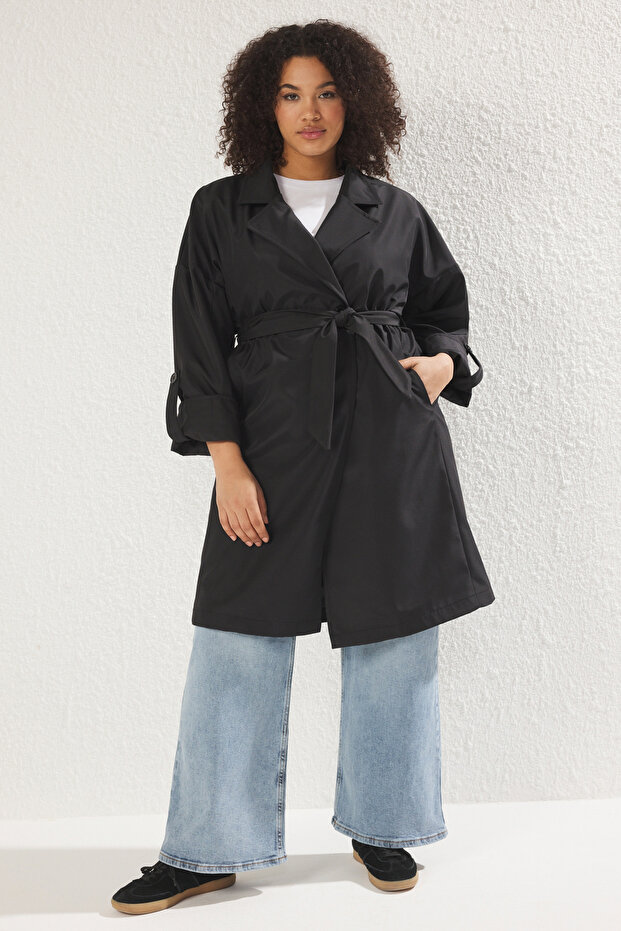 Siyah Uzun Oversize Büyük Beden Trençkot TBBSS25BM00001 - 2