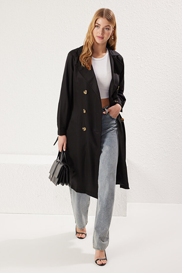 Fekete öves vízlepergető hosszú kabát TWOAW24TR00003 - 1