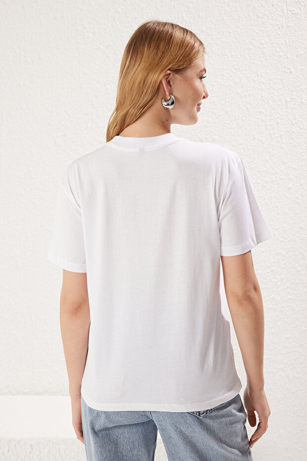 Beyaz-Beyaz 2'li Paket %100 Pamuk Basic Dik Yaka Örme T-Shirt TWOSS20TS1500 - 5