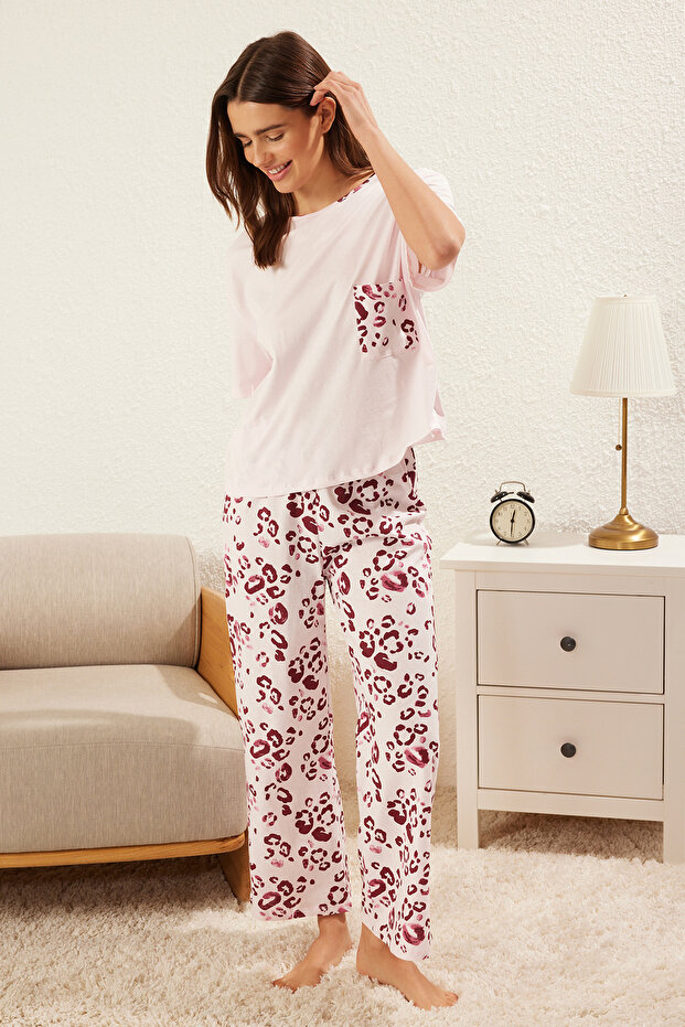Pudra %100 Pamuklu Leopar Desenli Örme Pijama Takımı THMSS25PT00181 - 1