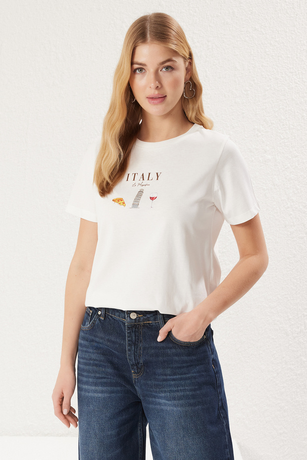 Ekru %100 Pamuk Regular/Normal Kalıp Slogan Baskılı  Örme T-Shirt TWOSS25TS00047 - 2